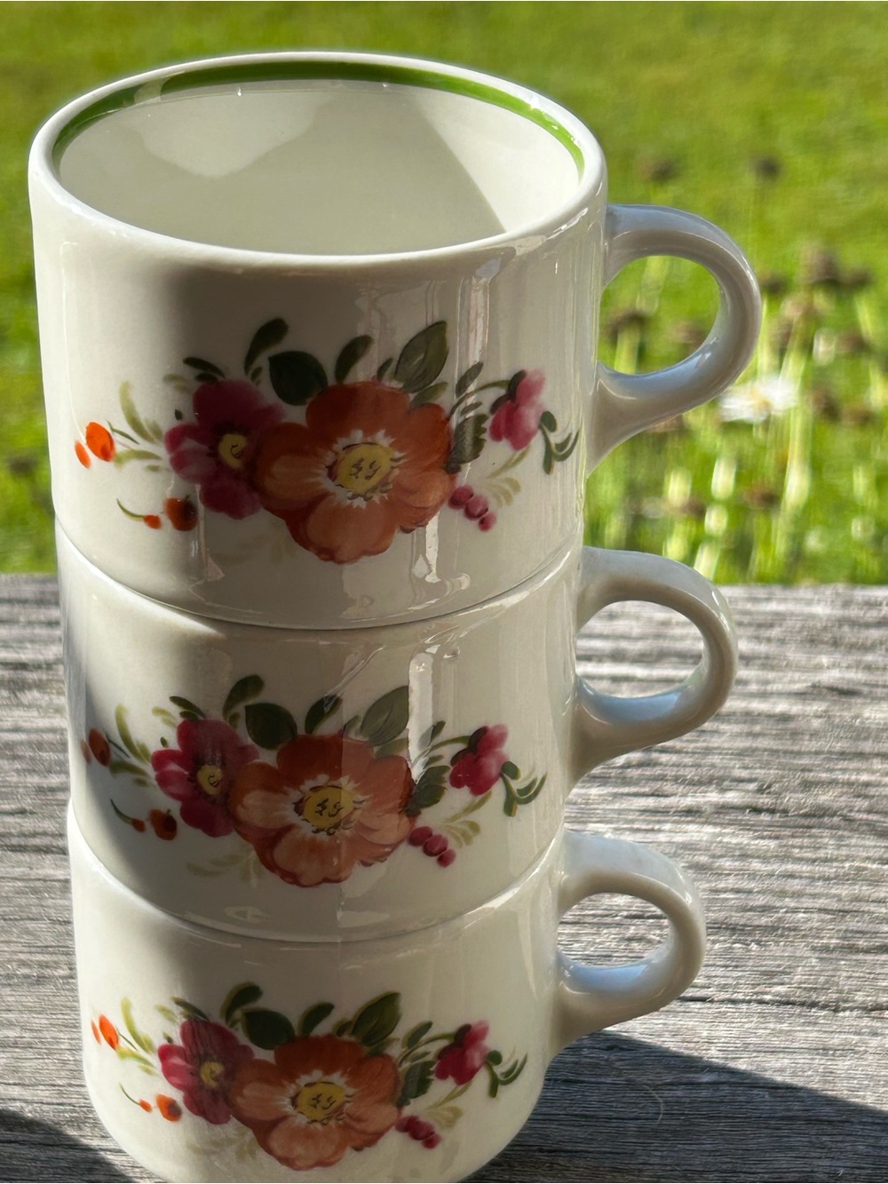 Vintage Swiss Stackable White Floral Ceramic Mugs set of 3 Suisse Langenthal